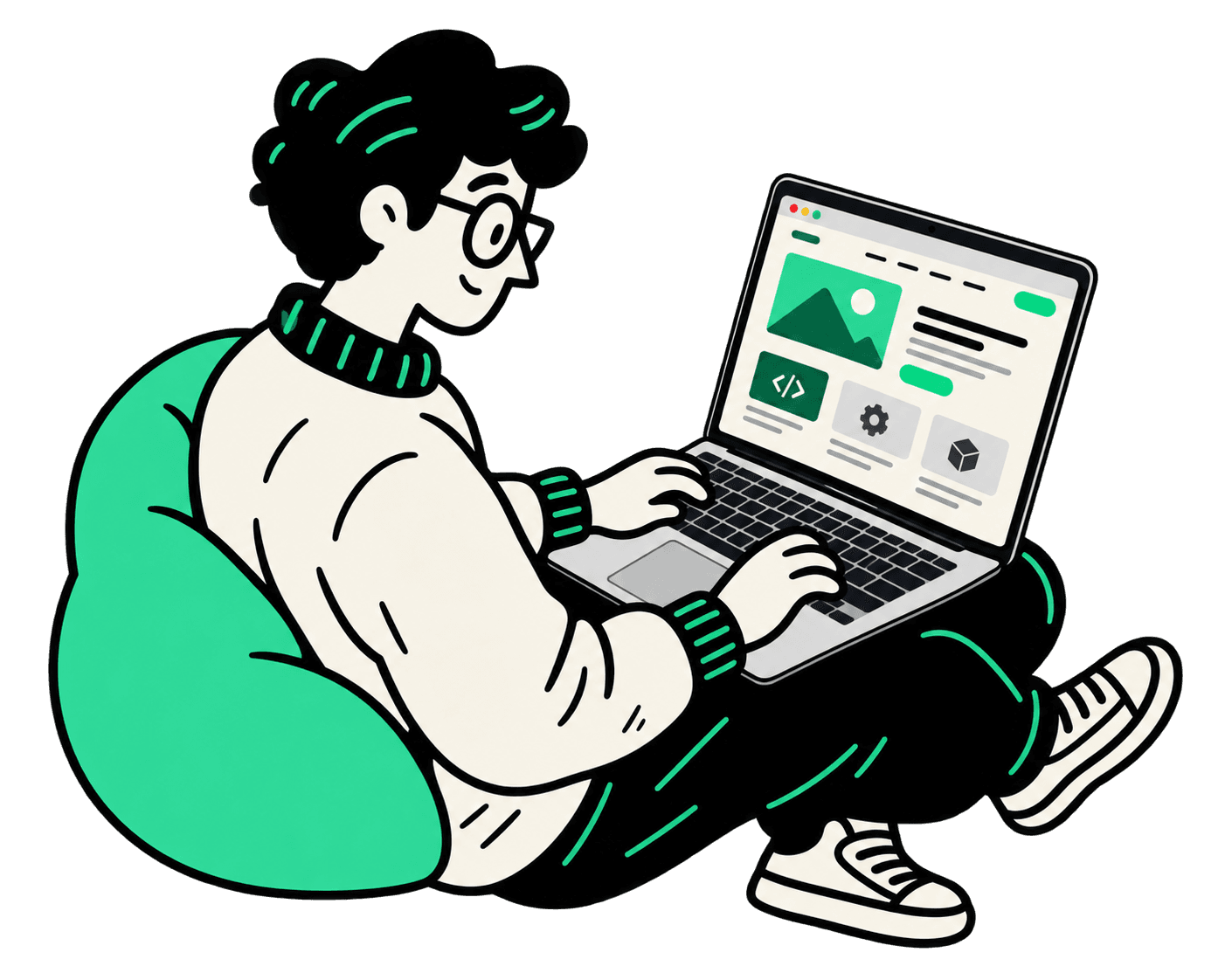 Illustration of a developer working at a laptop, building web applications